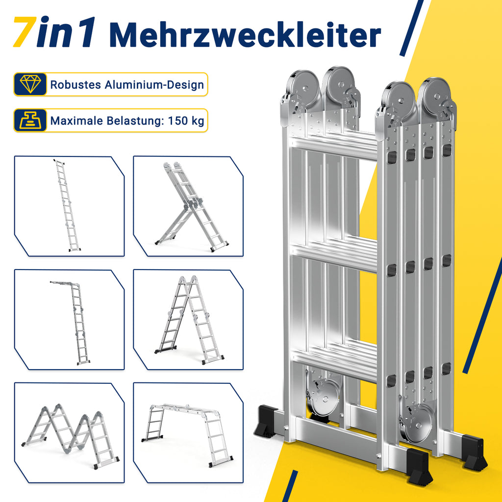 7-in-1-Multifunktionsleiter aus Aluminium, Tragkraft bis zu 150 kg, multifunktional, zusammenklappbar, einsetzbar als Anlehntreppe, Stehleiter und Treppenleiter, geeignet für Haushalt, Garten und Werkstatt, wahlweise mit 4x3, 4x4 oder 4x5 Sprossen.