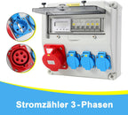Stromverteiler 32A Industrie IP65 mit 3-Phasen Energiezähler 100A, 3x Schuko 16A, CEE 32A 5-polig, Wandverteiler mit Leitungsschutzschaltern für Baustelle