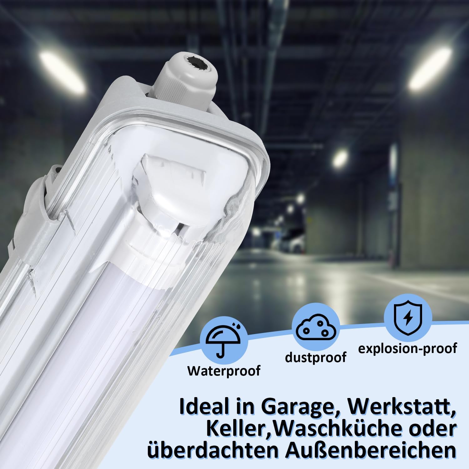 LED Feuchtraumleuchte Wannenleuchte 150cm 24W, 2400 Lumen 6500K, IP65 Wasserfest mit T8 LED Röhre für Garage Werkstatt Keller Außenbereich