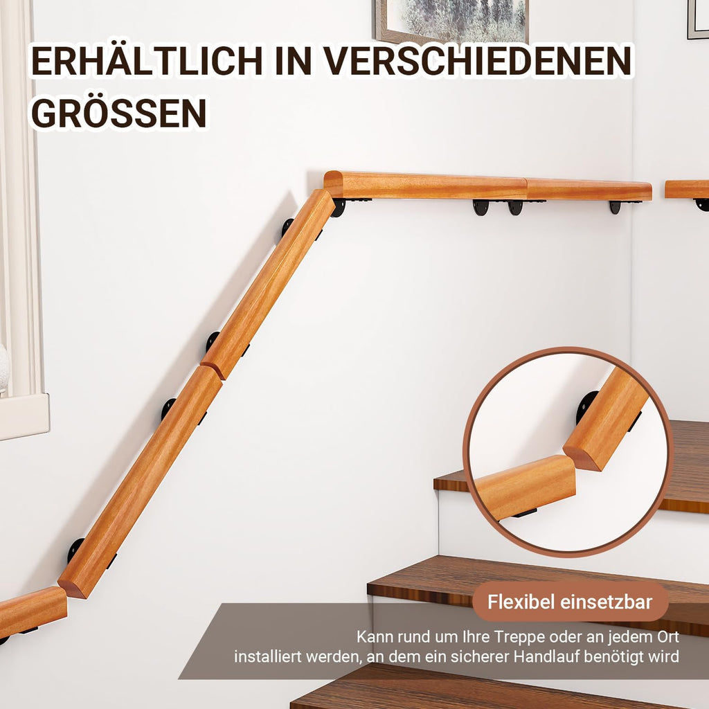 Wandmontiertes Treppengeländer, Treppenhandlauf, seitliche Montage, inklusive Wandhalterungen und Montagezubehör, halbrunder rutschfester Handlauf, geeignet für Innentreppen, helles Walnussbraun, erhältlich in den Längen 60/80/100/120/150/180/200 cm.