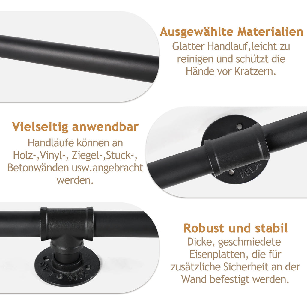 Treppengeländer, Geländer für Innen- und Außentreppen, schwarze Handläufe, wandmontierte Handläufe (inklusive Befestigungszubehör), wandmontierte Halterungen für Treppenhandläufe, geeignet für Treppen, Geländer und Balkone (100 cm/150 cm/200 cm/300 cm)