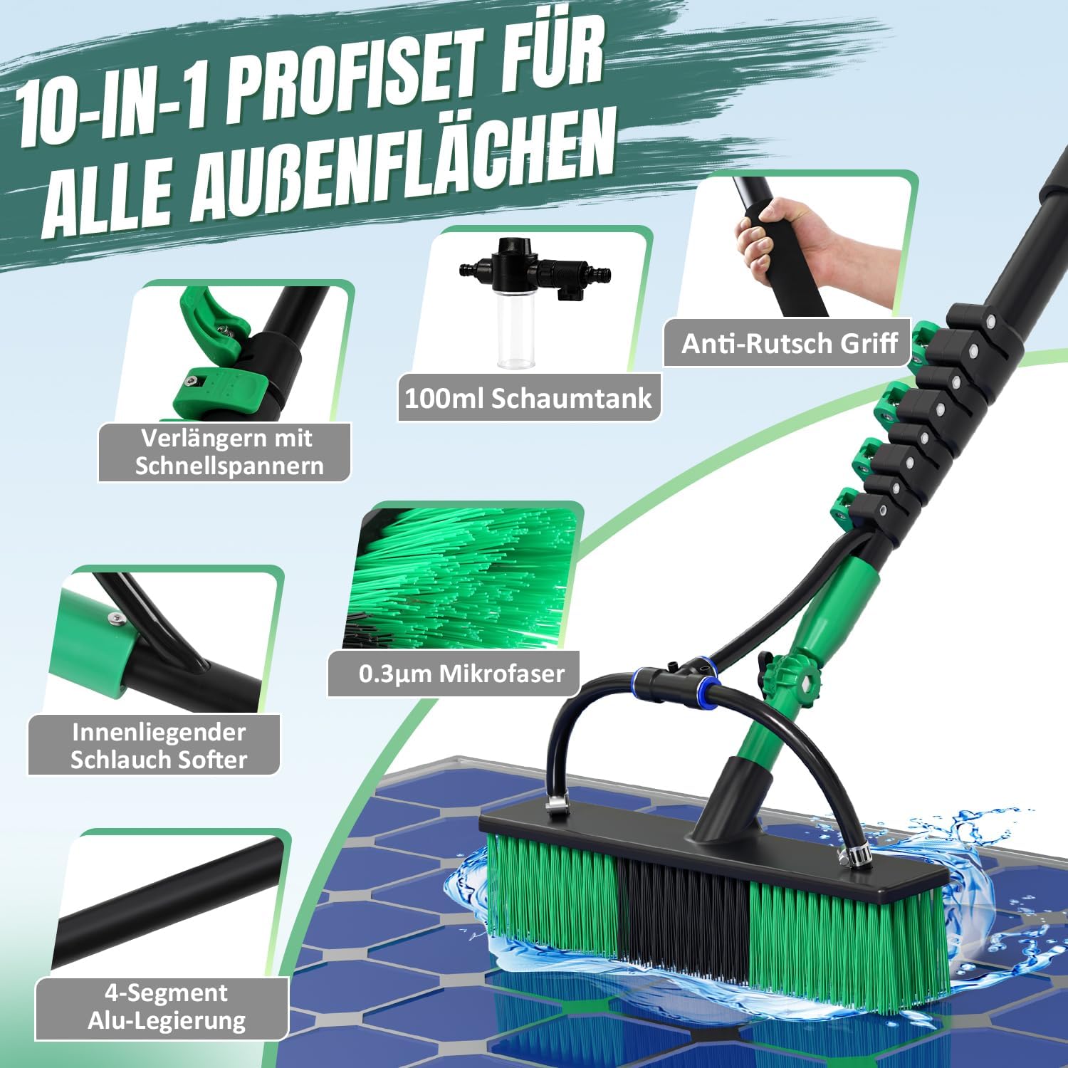 Teleskop-Fensterreinigungsbürste, 2-in-1-Teleskopbürste mit Auffangbehälter, Teleskopbürste aus Aluminium, mit weichen Borsten, ausgestattet mit einem Seifenspender, geeignet zur Reinigung von Fenstern, Plexiglas und Autos
