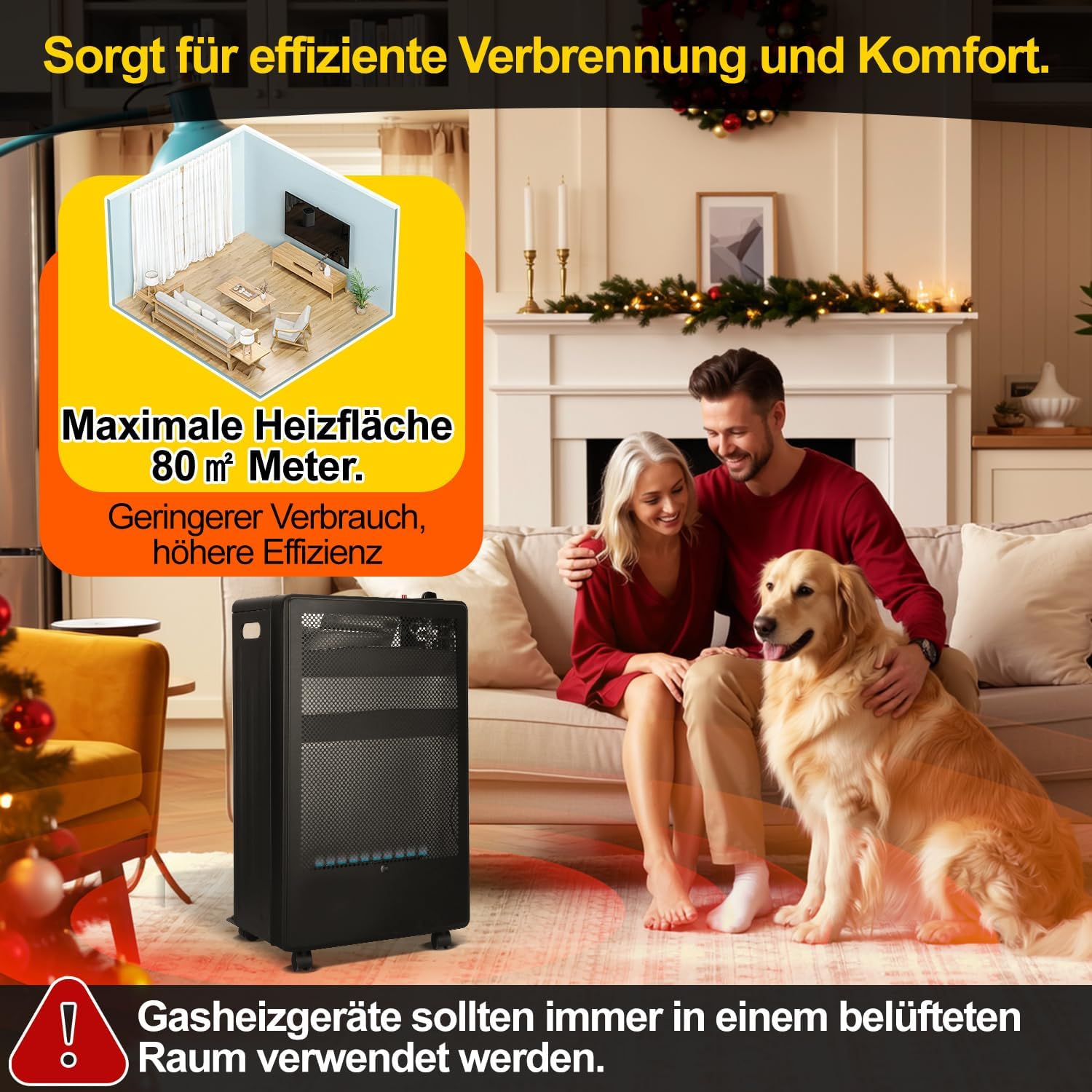 Gasheizung für Innenräume 3800W, Gasofen, 2 Stufen, Gasschlauch Gasheizer mit 2 Heizstufen, ODS-System, Regler, Schlauch und 5 Rollen für Balkon, überdachte Terrasse und belüftete Räume
