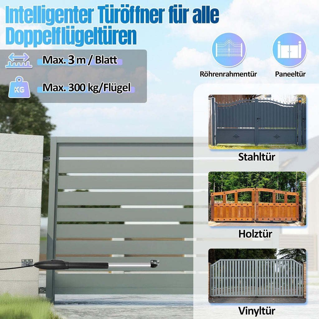 Automatischer Flügeltorantrieb Doppelflügeltorantrieb, 50W 600kg Toröffner Drehtoröffner Set Max 6m, 300kg / 3m pro Flügel mit 6 Fernbedienungen 2 Schlüssel