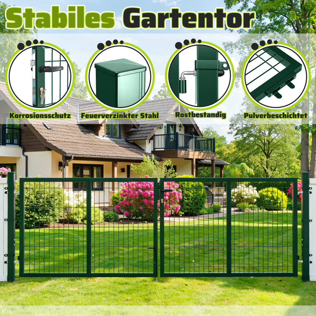 Doppelflügeltore, 300x100cm/350x100cm Metall Gartentor, Gartenzaun Zaun inkl. Griff, Schloss und 3 Schlüsseln, Robust Gartentür für Zauntür, Hoftor, Zauntor, Quadratrohr, Grün/Anthrazit