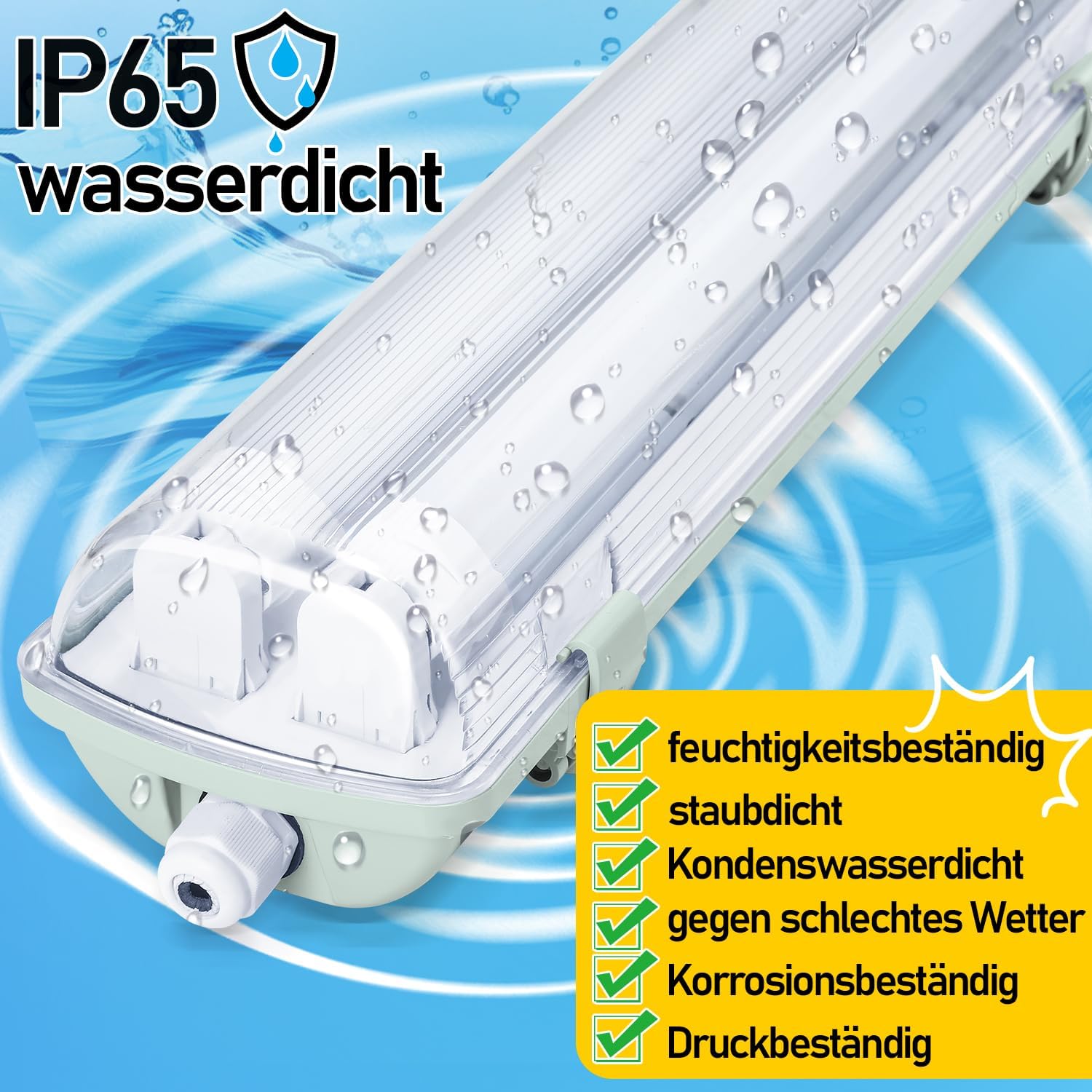 18W Feuchtraumleuchte LED 120cm, Wannenleuchte T8-Doppelleuchte 4000K 3060lm, 50000H, IP65 Werkstattlampe Badlampe Leuchtstoff Röhren Garagenlampen, Bürodeckenleuchte