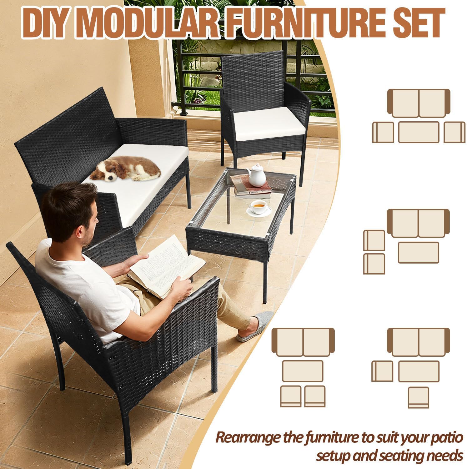 Polyrattan Gartenmöbel Set,4 Personen mit 2er Sofa 2 Stühle Tisch & Sitzkissen wetterfest Sitzgruppe,Schwarz Terrassenmöbel Balkonmöbel Set für Garten Terrasse und Balkon