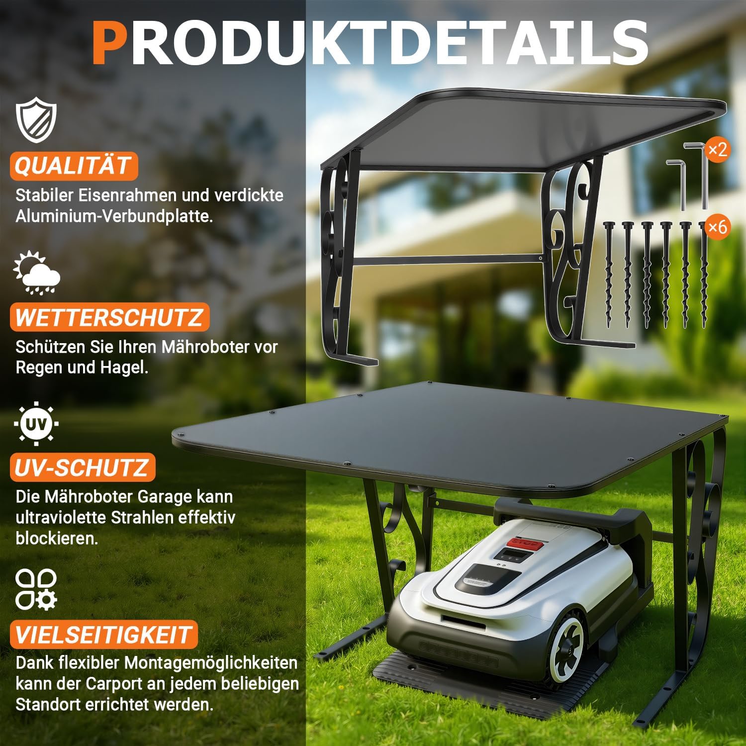 Mähroboter Garage mit Metallfüßen Schutzüberdachung Carport Überdachung für Rasenmäher Rasenroboter UV-Schutz | ideal Gegen Regen und Hagel 43x56x82cm Schwarz