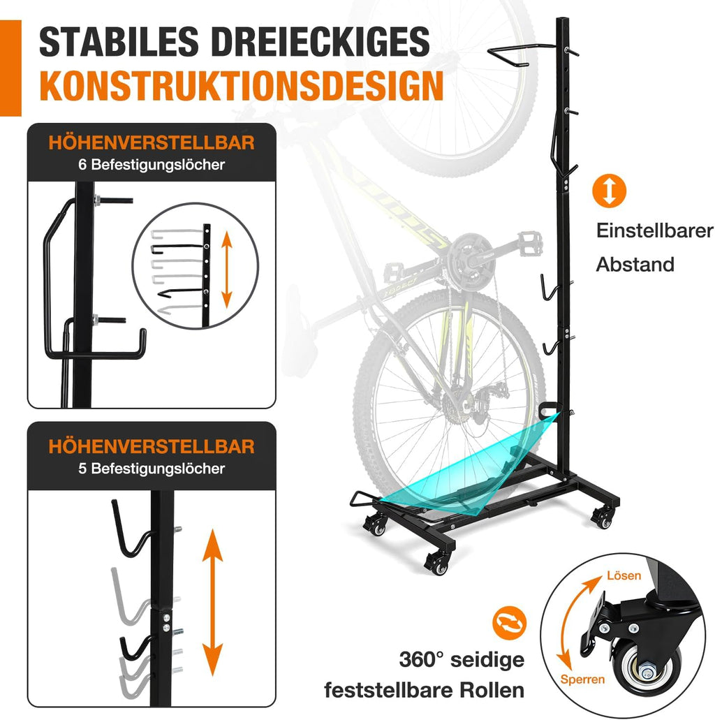 3-in-1-Fahrradständer, 6-stufige Höhenverstellung, vertikaler Fahrradständer mit Feststellrädern, keine Bohrungen erforderlich, schwarz