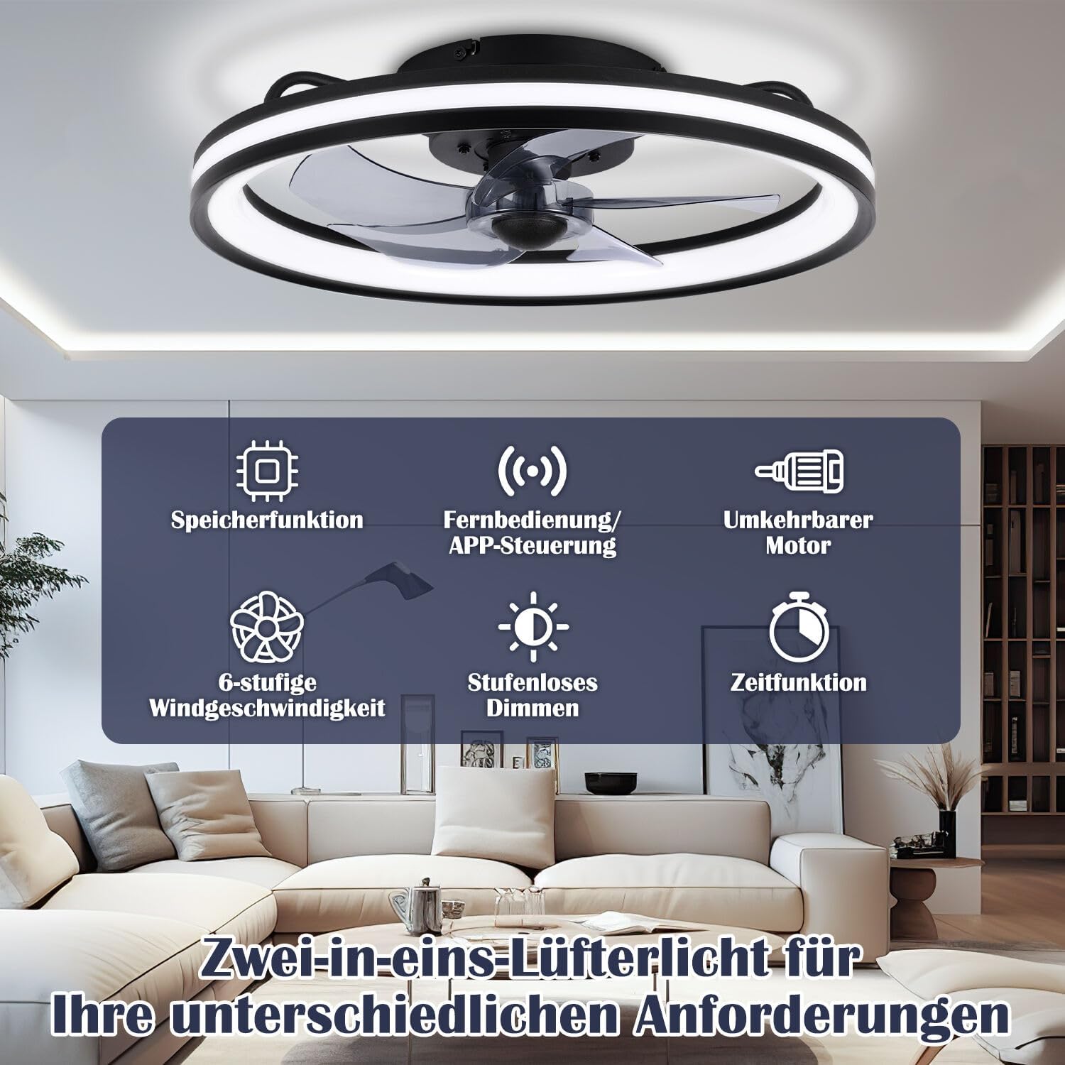 2 in 1 Deckenventilator Mit Beleuchtung und leise, φ50cm Deckenleuchte mit Ventilator, dimmbar, App und Fernbedienung, 6-Gang, Timer, Für Schlafzimmer Wohnzimmer Esszimmer