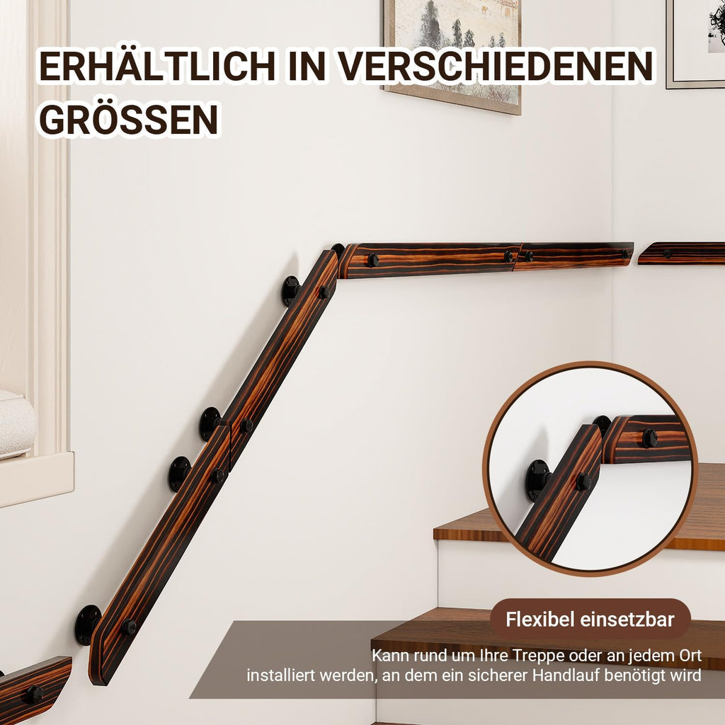 Treppengeländer, Wandgeländer für Treppen, rutschfeste Geländer mit Wandhalterungen und Befestigungszubehör, geeignet für die seitliche Montage an Treppen und Balkonen, flache Ausführung, braun, in sieben Größen erhältlich.