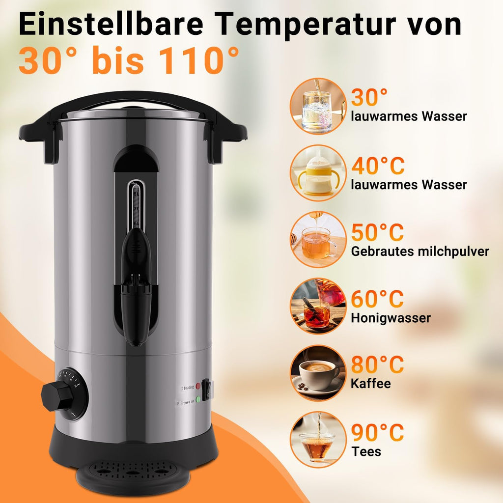 Glühweinkocher 8L, 1500W Glühweinkocher mit Thermostat,Glühweintopf Edelstahl,Einstellbare Temperatur von 30-110°C,Glühweintopf mit Zapfhahn,Heißgetränkeautomat Silber