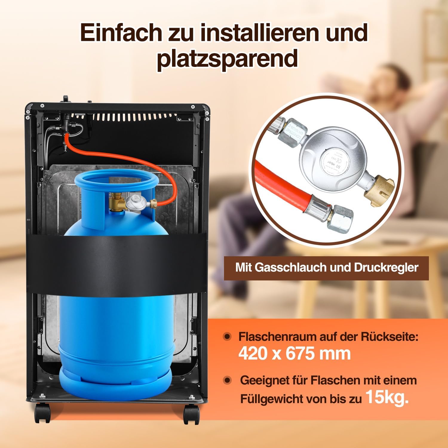 Gasheizung für Innenräume 4200W, Gasofen, Tülle, 2 EU-Adapter Gasheizer mit Schlauchtülle, Druckregler, 2 EU-Adaptern und 4 Rollen für Balkon, überdachte Terrasse und belüftete Räume