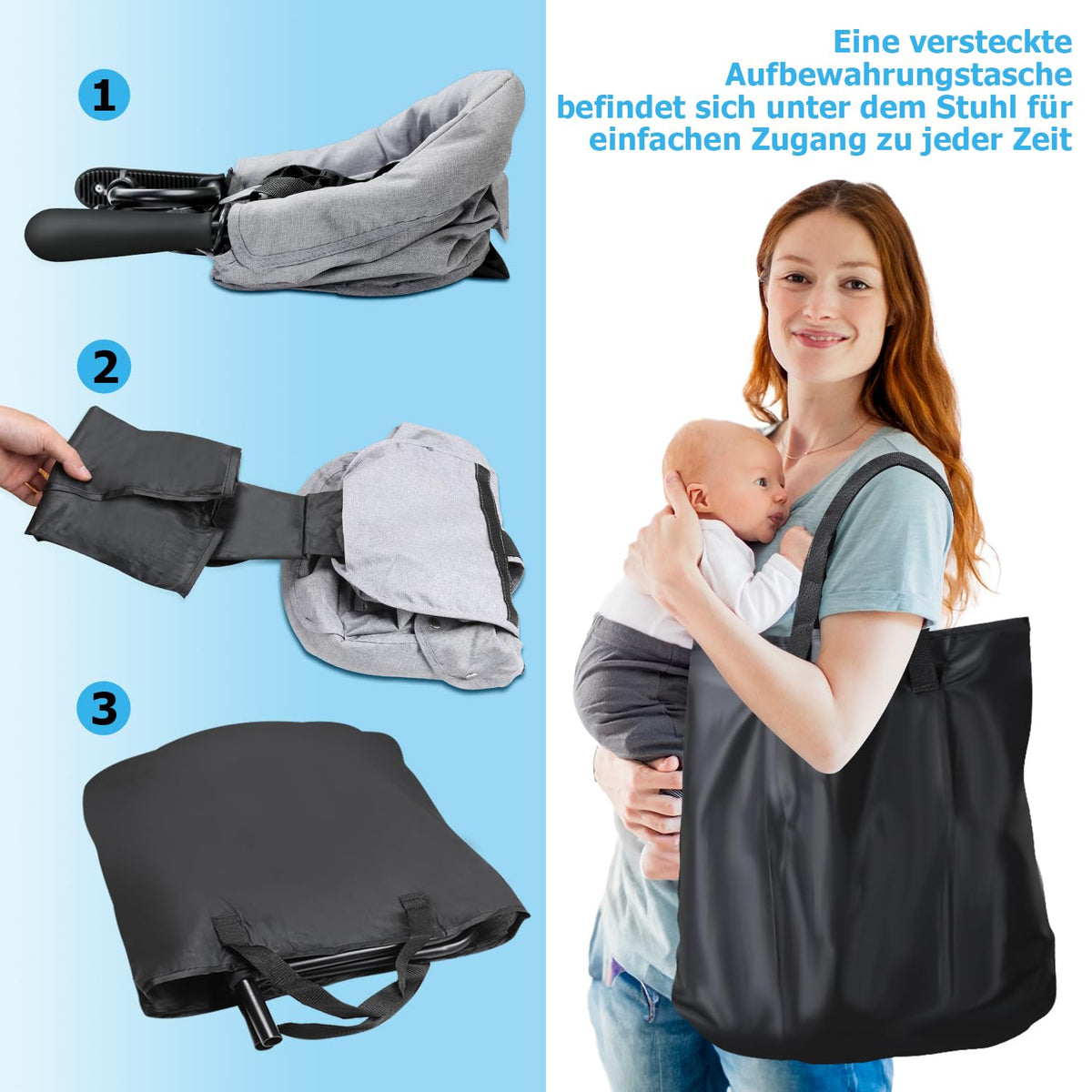 Tischsitz Faltbar Babysitz,Baby Hochstuhl Sitzerhöhung,Baby Tischsitz Stuhlsitz für zu Hause und Unterwegs mit Transporttasche,Belastbar bis 18 kg(Grau)