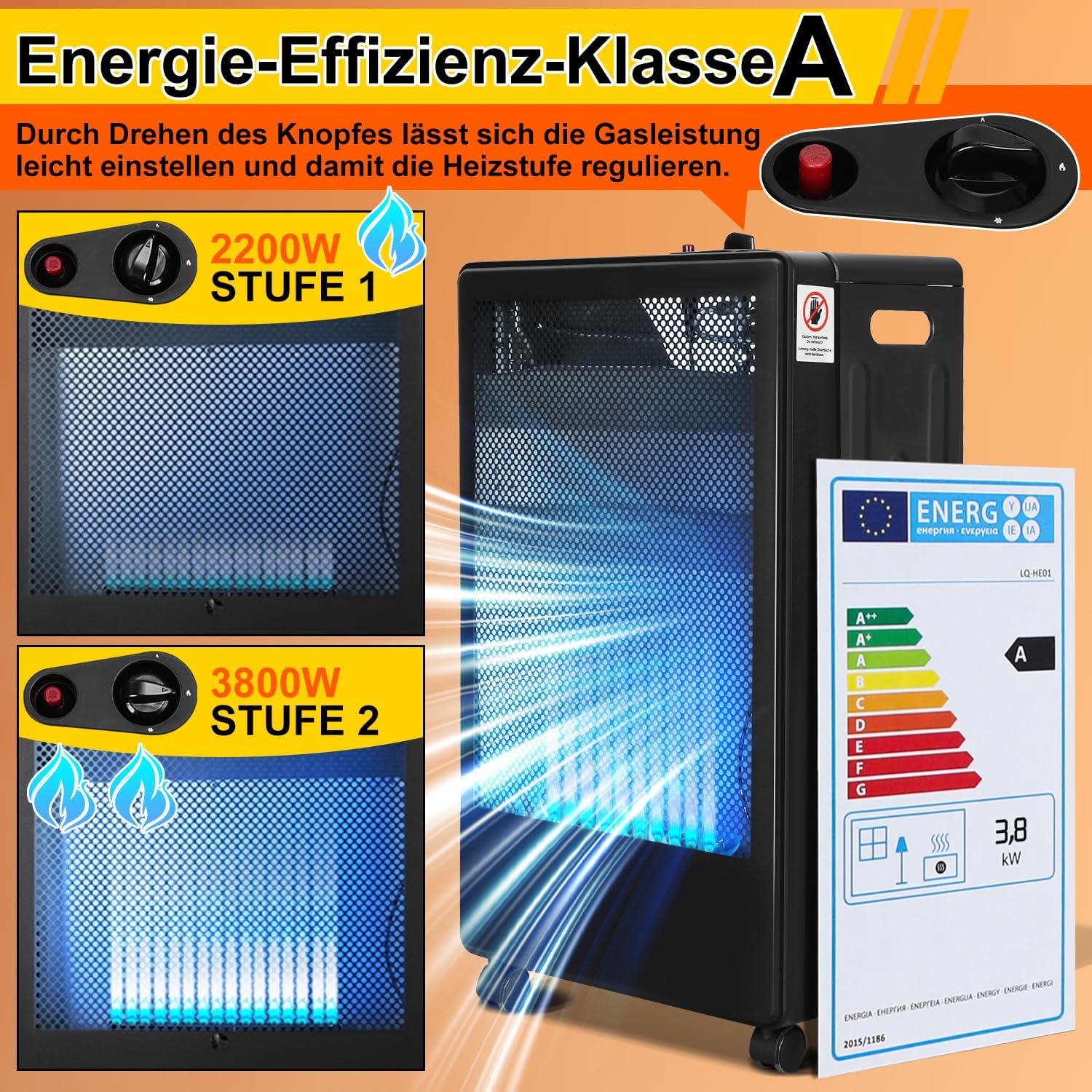 Gasheizung für Innenräume 3800W, Gasofen, 2 Stufen, 2 EU-Adapter Gasheizer mit 2 Heizstufen, ODS-System, 2 EU-Adaptern und 5 Rollen für Balkon, überdachte Terrasse und belüftete Räume