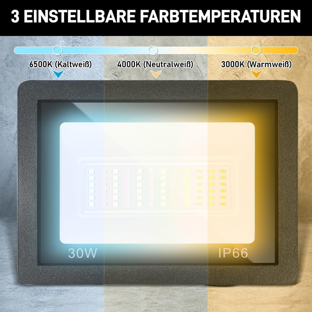 LED Strahler Außen 20/30/50/100W, 3000K/4000K/6500K LED-Strahler Dimmbar, Superhell Fluter Flutlichtstrahler, IP66 Wasserdicht Scheinwerfer Aussenstrahler für Hof, Garten, Garage