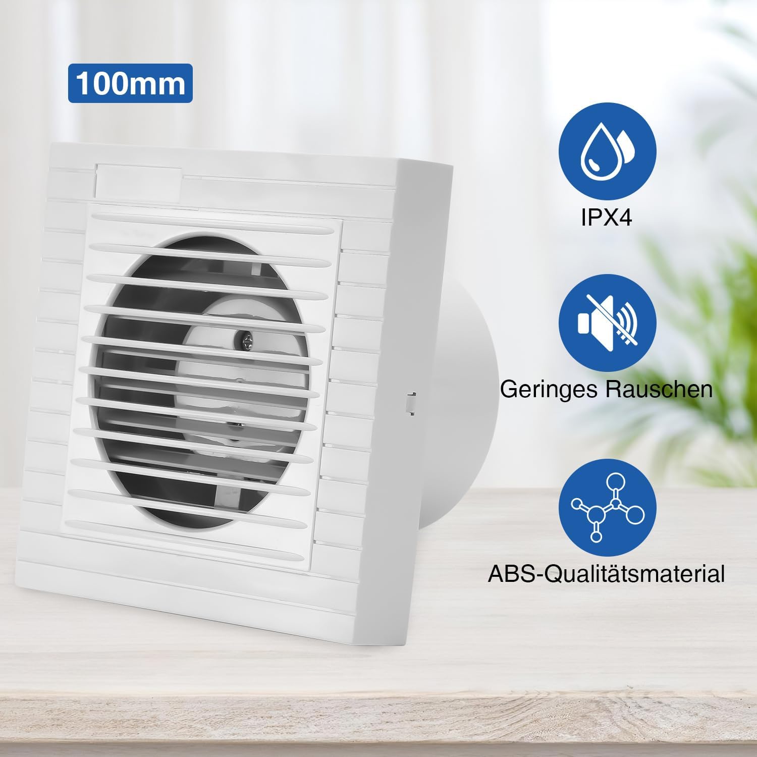 100/150 mm leiser Badventilator, Plug-and-Play, Kunststoffgehäuse, geeignet für Badezimmer, Küche, Keller und Toiletten, leitet Wasserdampf und Gerüche ab, glatte Frontblende, weiß