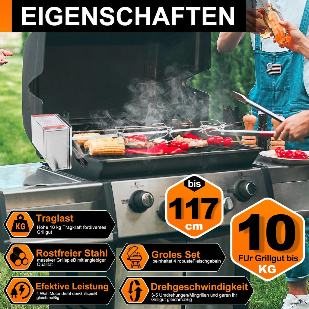 Grillspieß Set, Universal Rotisserie mit 2X Fleischnadeln BBQ Fleischklammer, Griffstück und Edelstahl Motor Elektrischer Drehspieß, Automatischer Fleischwender für Grill, Ofen & Camping
