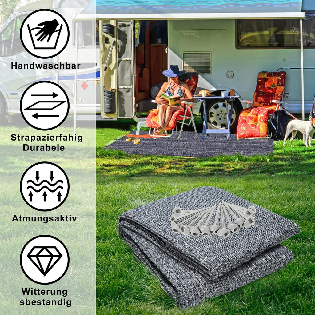 Vorzeltteppich Markisenteppich, Campingteppich atmungsaktiv rutschfest,Waschbare, Zeltteppich mit 12 Löchern, 13 Heringe und Tragetasche,Vorzeltboden Verschiedene Größen(Grau Blau)