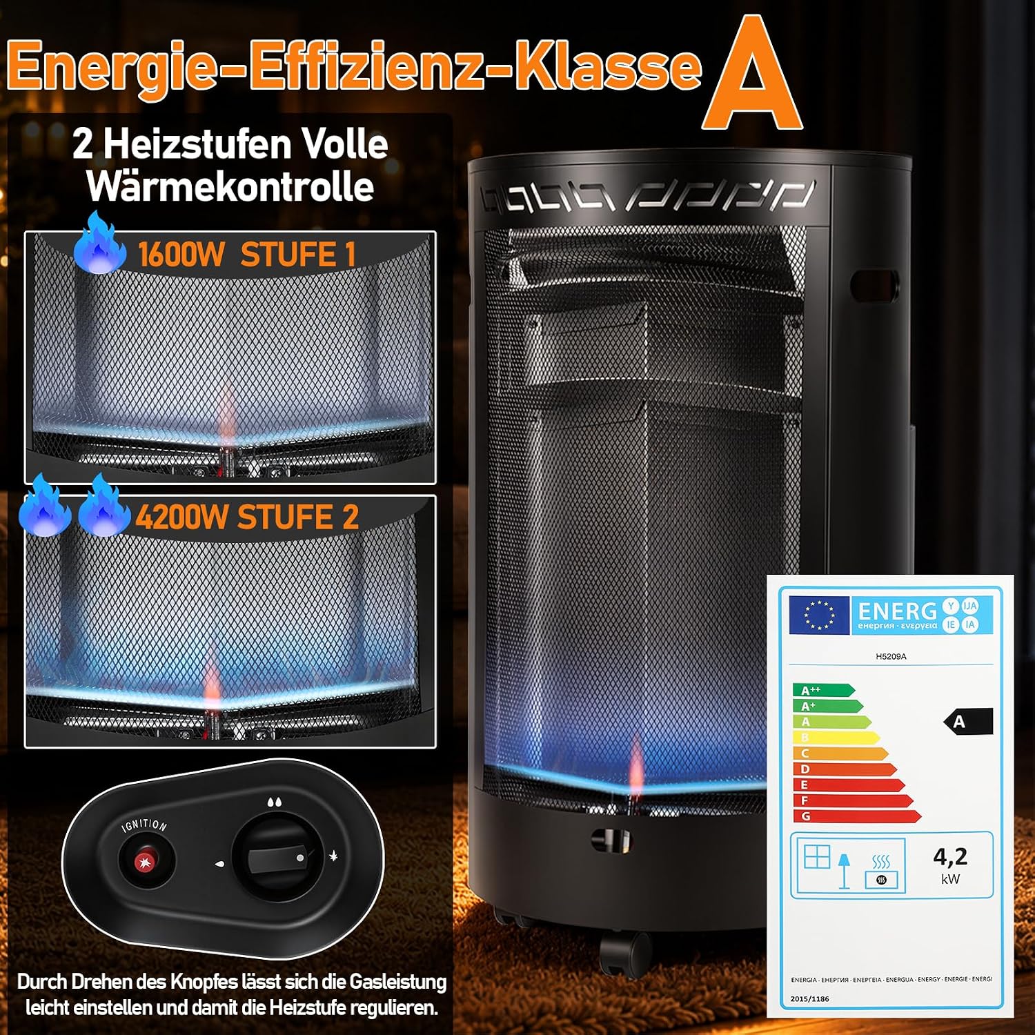 Gasheizung für Innenräume 4200W, Gasofen, 2 Stufen, Gasschlauch Gasheizer mit Dreieckbrenner, Druckregler, Gasschlauch und Schutzhülle für Balkon, überdachte Terrasse und belüftete Räume