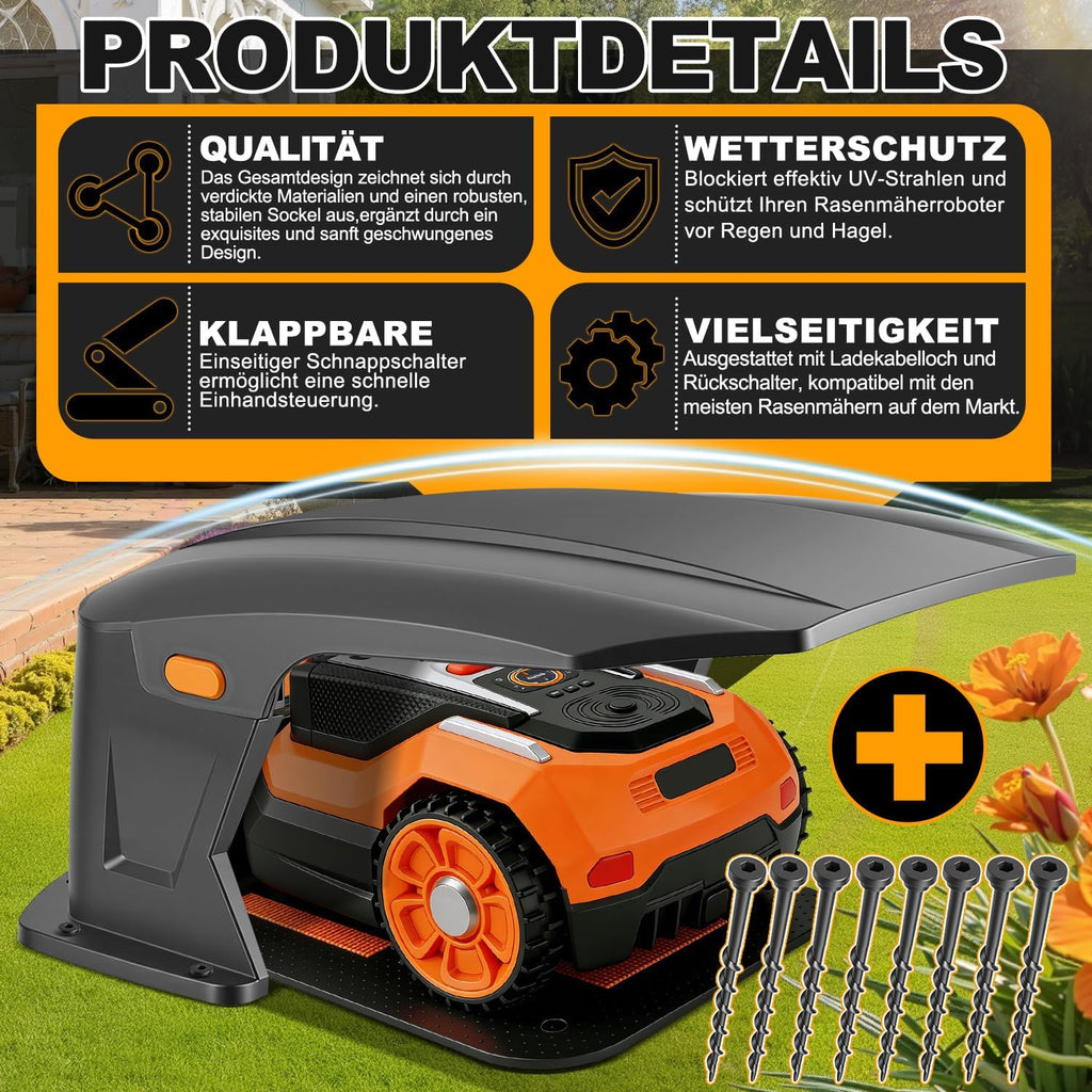 Hochklappbar Mähroboter Garage Kompatible Ladestationen Schutzüberdachung für Rasenroboter Zubehör für Mähroboter Keine Signalblockierung UV-Schutz, Gegen Regen und Hagel 70.5x57x33cm