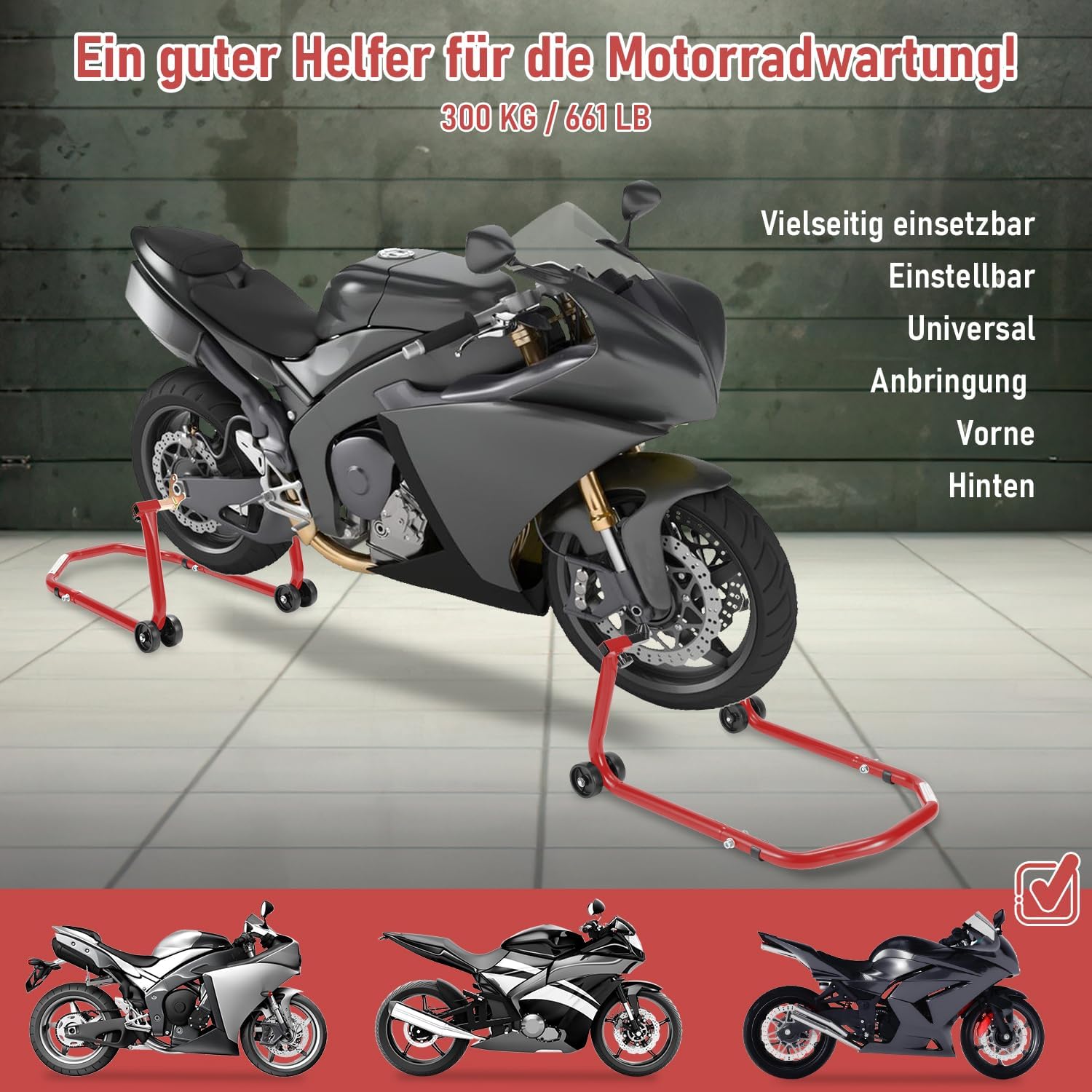 Motorradständer hinten & vorn Motorrad Set, Motorrad Ständer Motorrad Heber mit 4 Rollen Motorrad Hebebühne, Stabilität, Belastbar bis 300 kg
