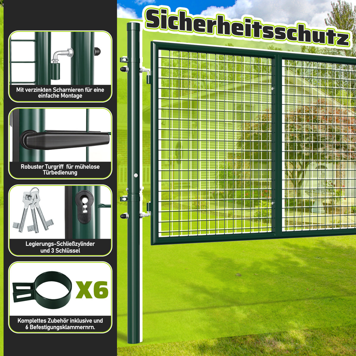 Doppelflügeltore, 300x100cm/350x100cm Metall Gartentor, Gartenzaun Zaun inkl. Griff, Schloss und 3 Schlüsseln, Robust Gartentür für Zauntür, Hoftor, Zauntor, Rundrohr, Grün/Anthrazit