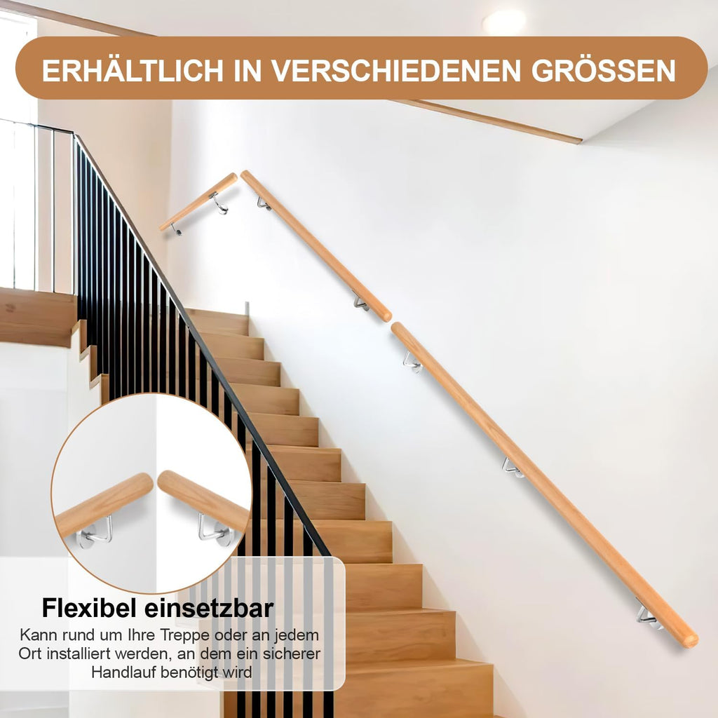 Treppengeländer, Wandgeländer mit Wandbefestigungen und Endkappen, Durchmesser 42 mm, wandmontiertes Treppengeländer, rutschfestes Geländer für Treppen und Balkone, erhältlich in den Längen 50, 80, 100, 120, 150 und 200 cm.