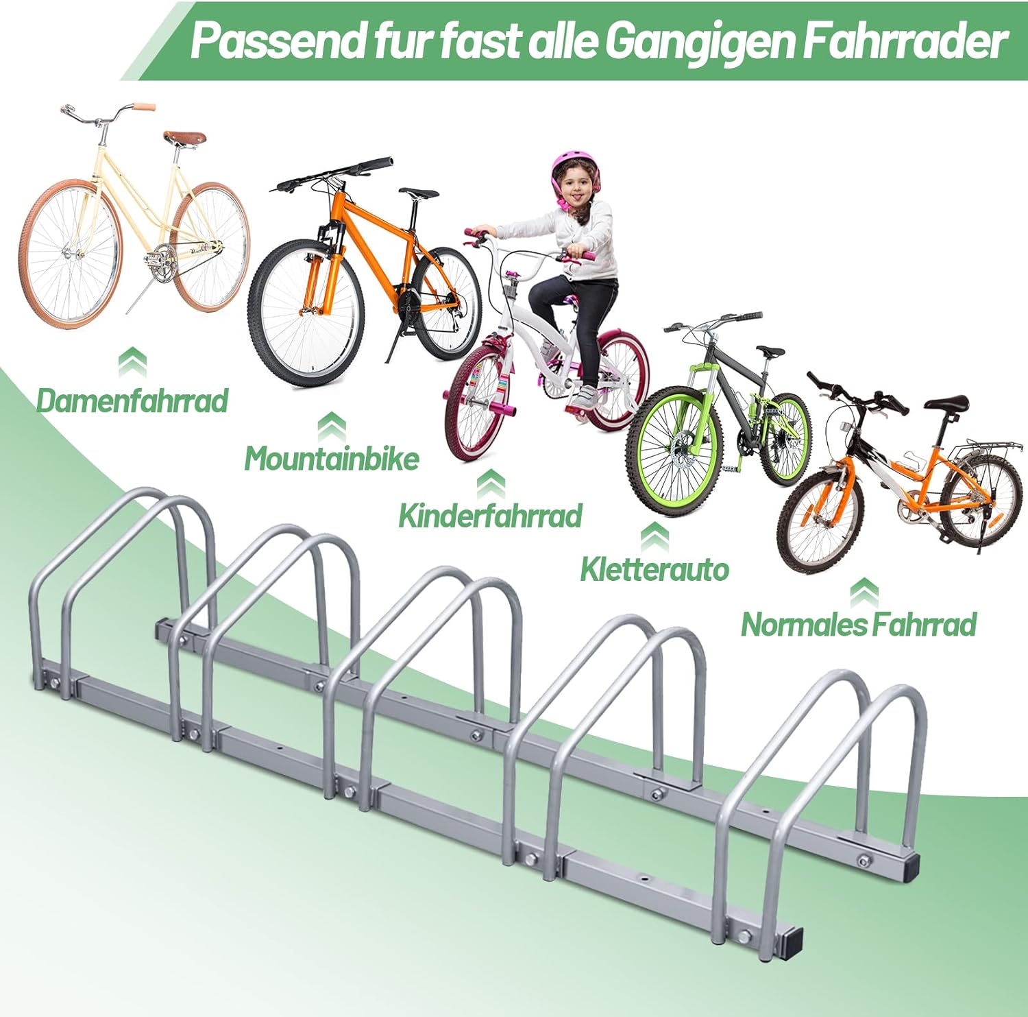 Fahrradständer (Reifenbreite 35–55 mm), bodenmontierte Fahrradständer, einfach zu montierende Fahrradständer aus verzinktem Stahl, silberfarbene Fahrradständer