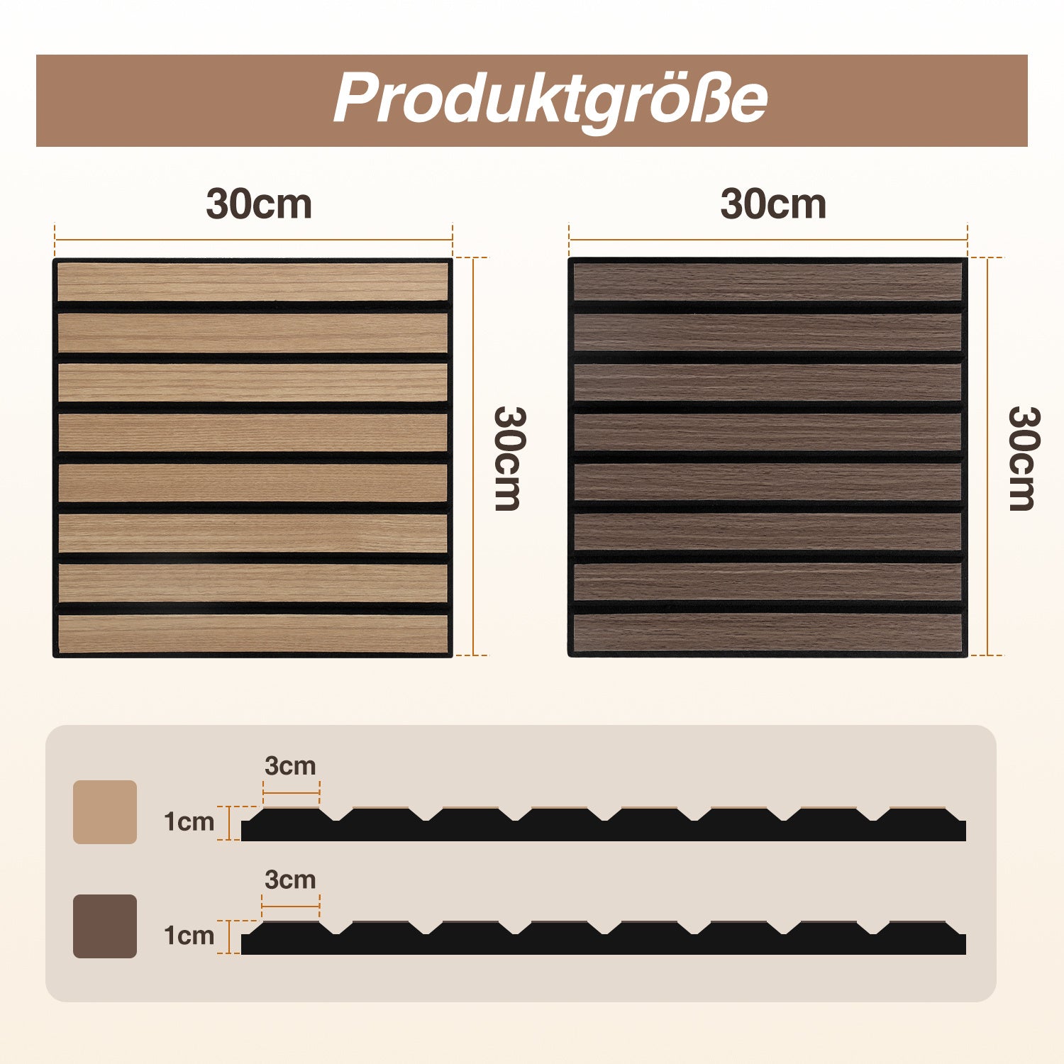 Schallabsorptionsplatten-Set, Holzoptik, Wandverkleidung/Wandbelag, selbstklebend, keine Bohrungen erforderlich, einfache Montage, Material aus recyceltem Filz, schalldämmend, 30 x 30 cm, Farbe: Schwarznuss/Eiche