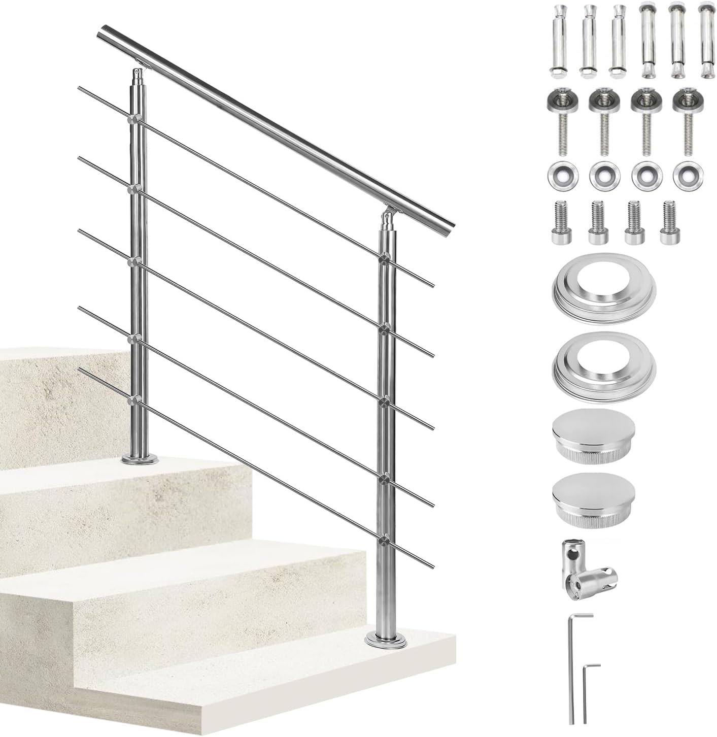 Handlauf Edelstahl 80/100/120/150/160/180 cm, Treppengeländer mit 5 Querstreben | Rostfrei, Wetterfest, Gebürstet, Winkelverstellbar für Innen & Außen und für Treppen, Balkon & Eingang（副本）（副本）（副本）