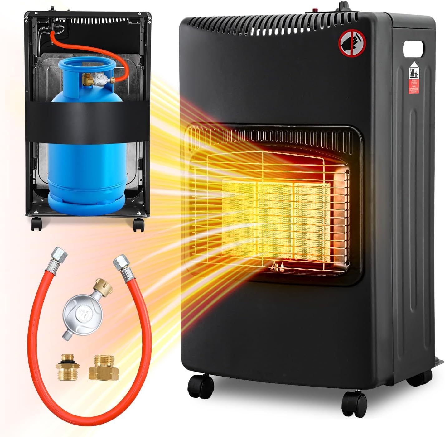 Gasheizung für Innenräume 4200W, Gasofen, Tülle, 2 EU-Adapter Gasheizer mit Schlauchtülle, Druckregler, 2 EU-Adaptern und 4 Rollen für Balkon, überdachte Terrasse und belüftete Räume