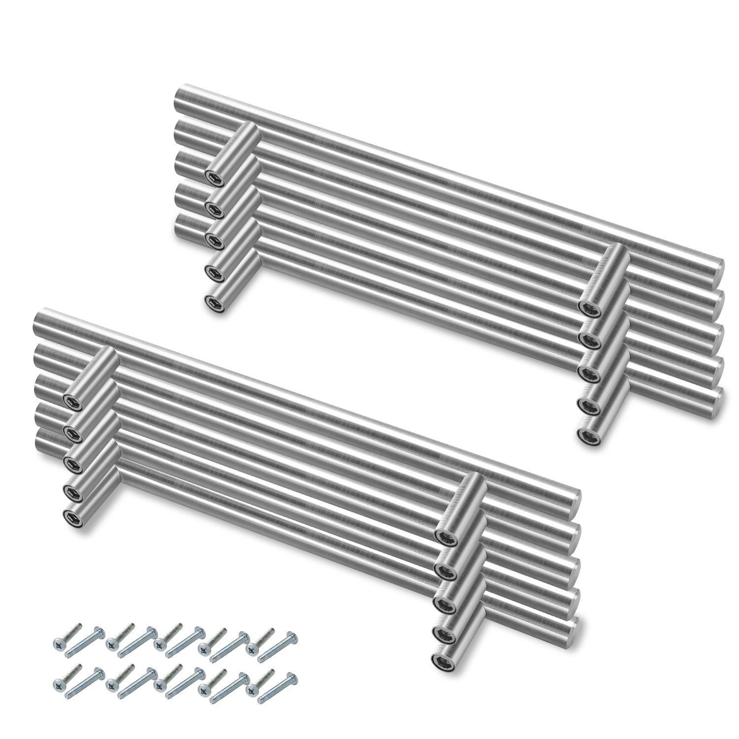 10er-Pack silberfarbene Edelstahl-Schrankgriffe, T-förmige Griffe mit einem Durchmesser von 12 mm, Türgriffe und Stangengriffe, Lochabstände 96/128/160 mm, hochwertige Möbelgriffe für Küchenschränke und Schubladen