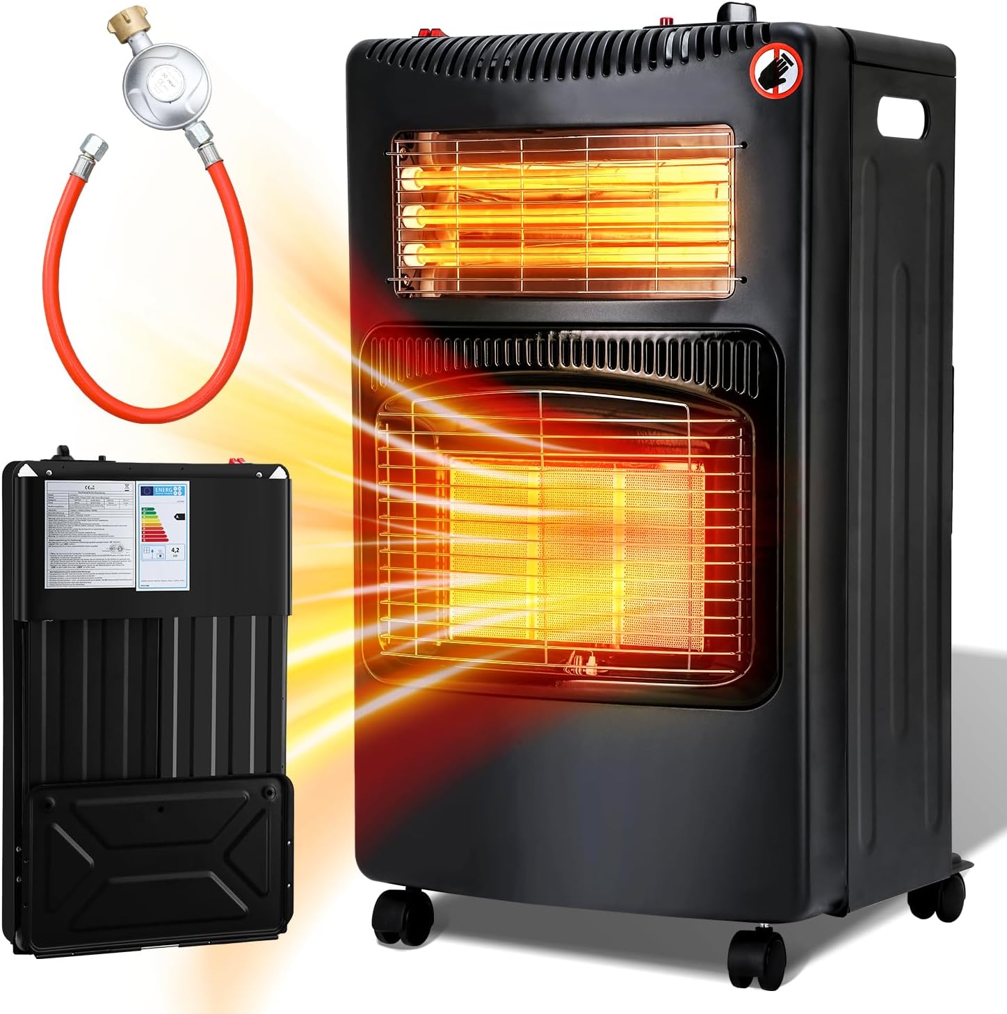 Gasheizer 4200W, Elektroheizung 1260W, Gas Heizstrahler inkl. Gasdruckregler, Gasschlauch, Gasheizofen, Infrarot Keramikbrenner, Butan- oder Propangasflaschen bis 15kg