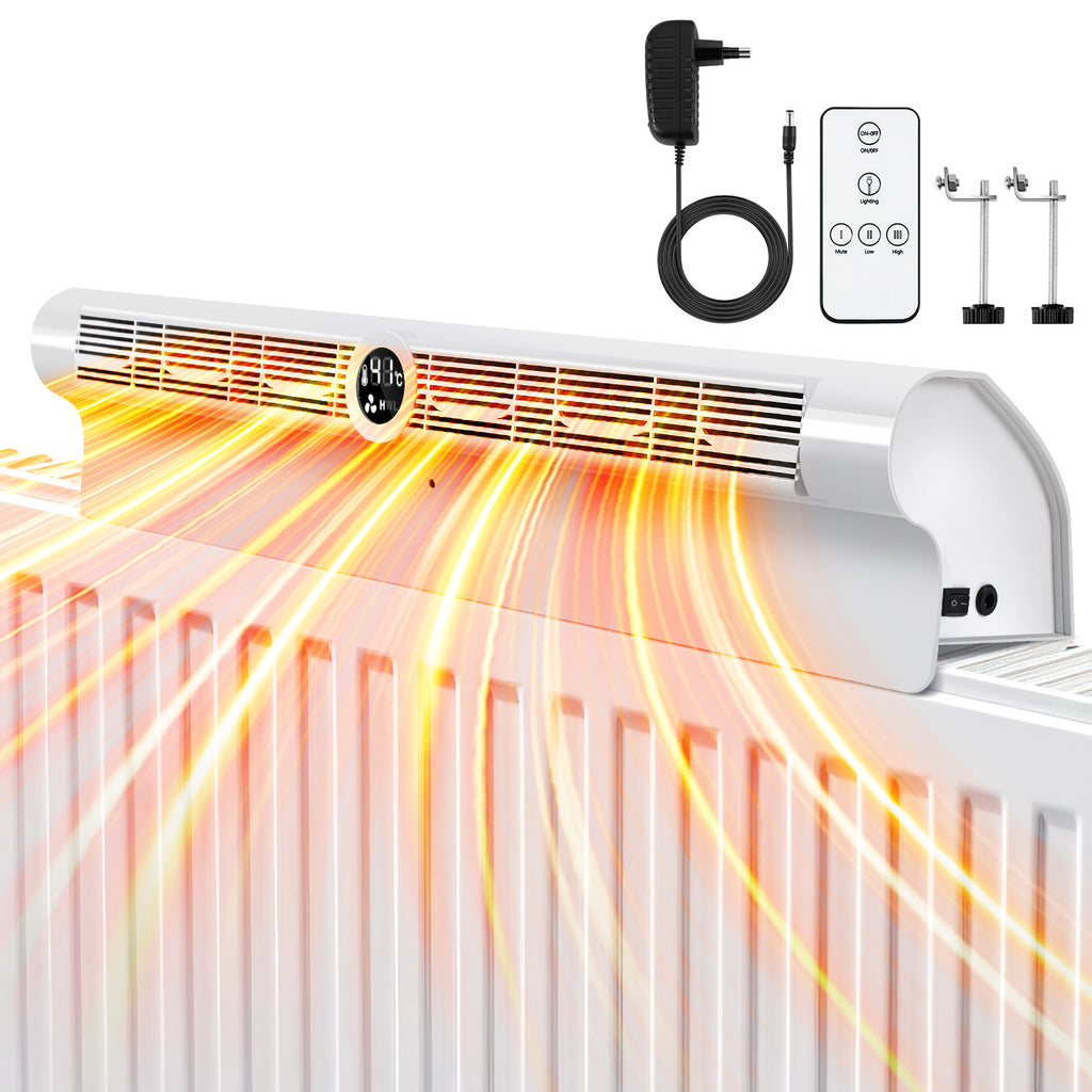 Heizkörper Ventilator Weiß - Energieeffizienter Wärmeverteiler mit 6 Lüftern, Automatischer Ein/Aus-Funktion, 3-Stufen-Regelung, RGB-LED und Fernbedienung für Schnelle Wärmeverteilung