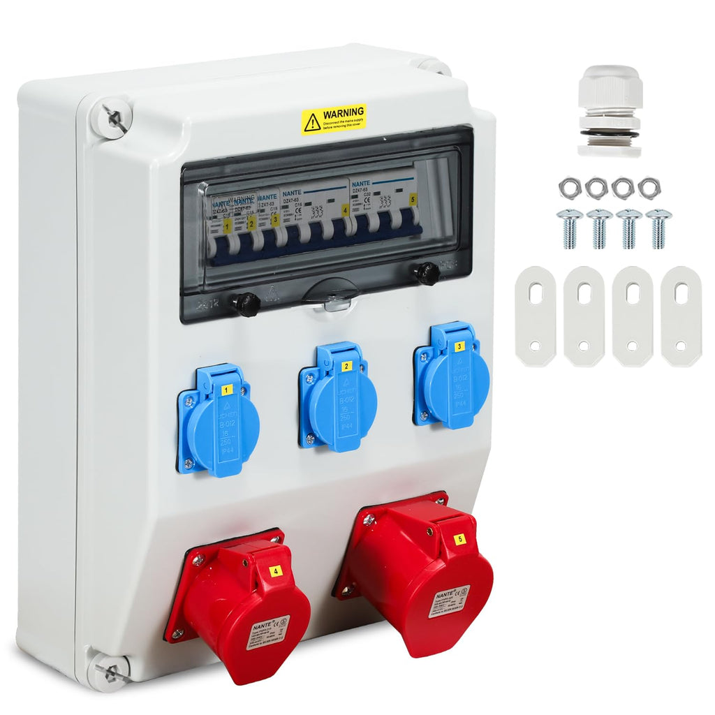 Baustromverteiler, 5 Polig Baustromverteiler mit 3xSchuko-Steckdose und CEE-Steckdose 16/32A Stromverteiler für Innen und Außen