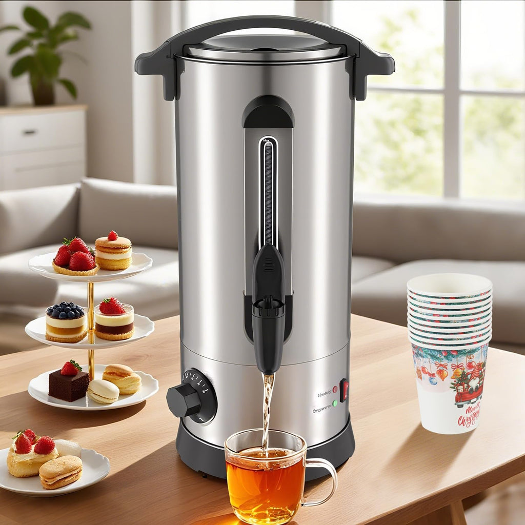 Glühweinkocher 10L, 1500W Glühweinkocher mit Zapfhahn Thermostat,Glühweintopf Edelstahl mit Wasserstandsanzeige, Einstellbare Temperatur von 30-110°C,Heißgetränkeautomat 10x Becher,Silber