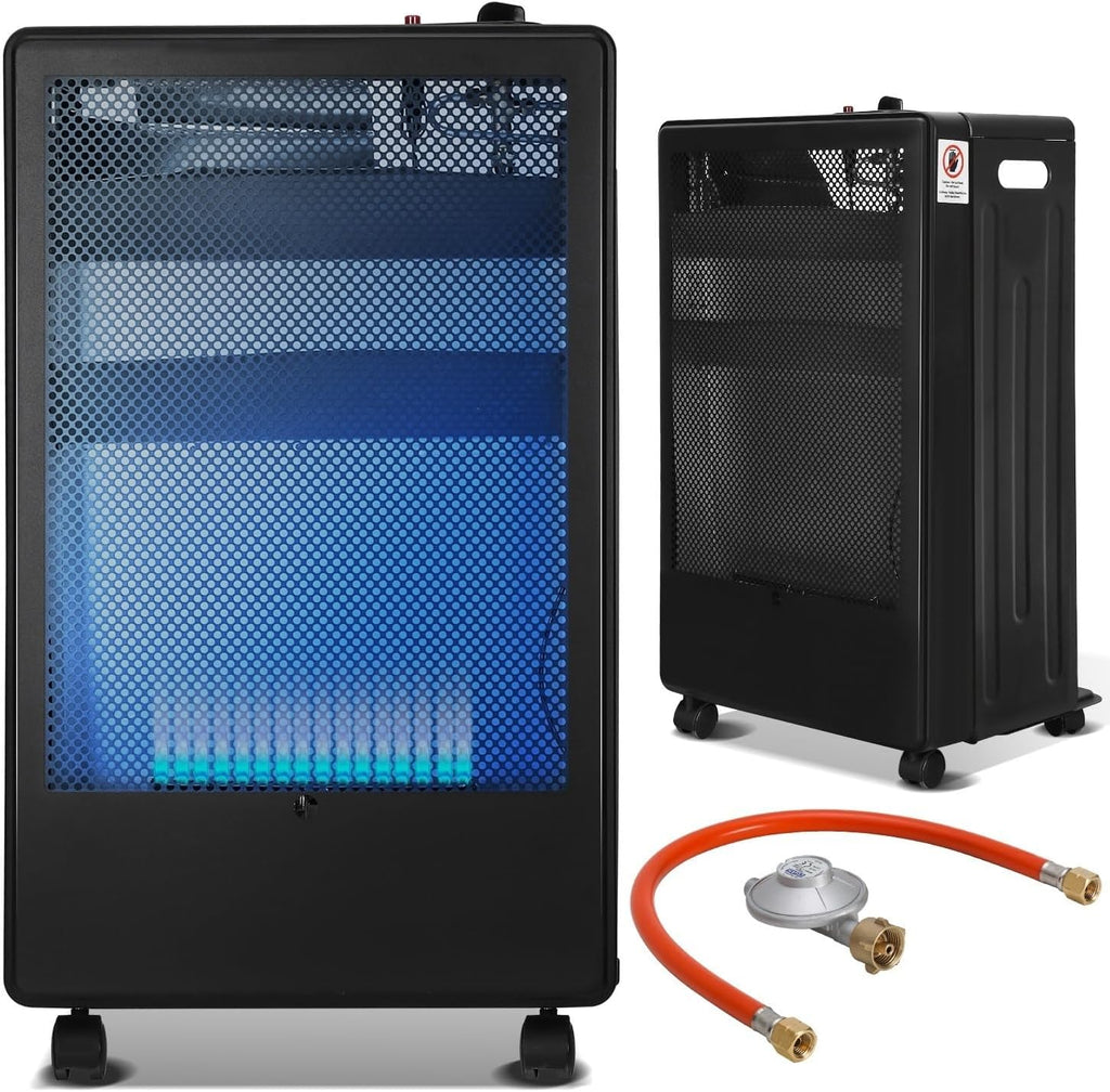 Gasheizung für Innenräume 3800W, Gasofen, 2 Stufen, Gasschlauch Gasheizer mit 2 Heizstufen, ODS-System, Regler, Schlauch und 5 Rollen für Balkon, überdachte Terrasse und belüftete Räume