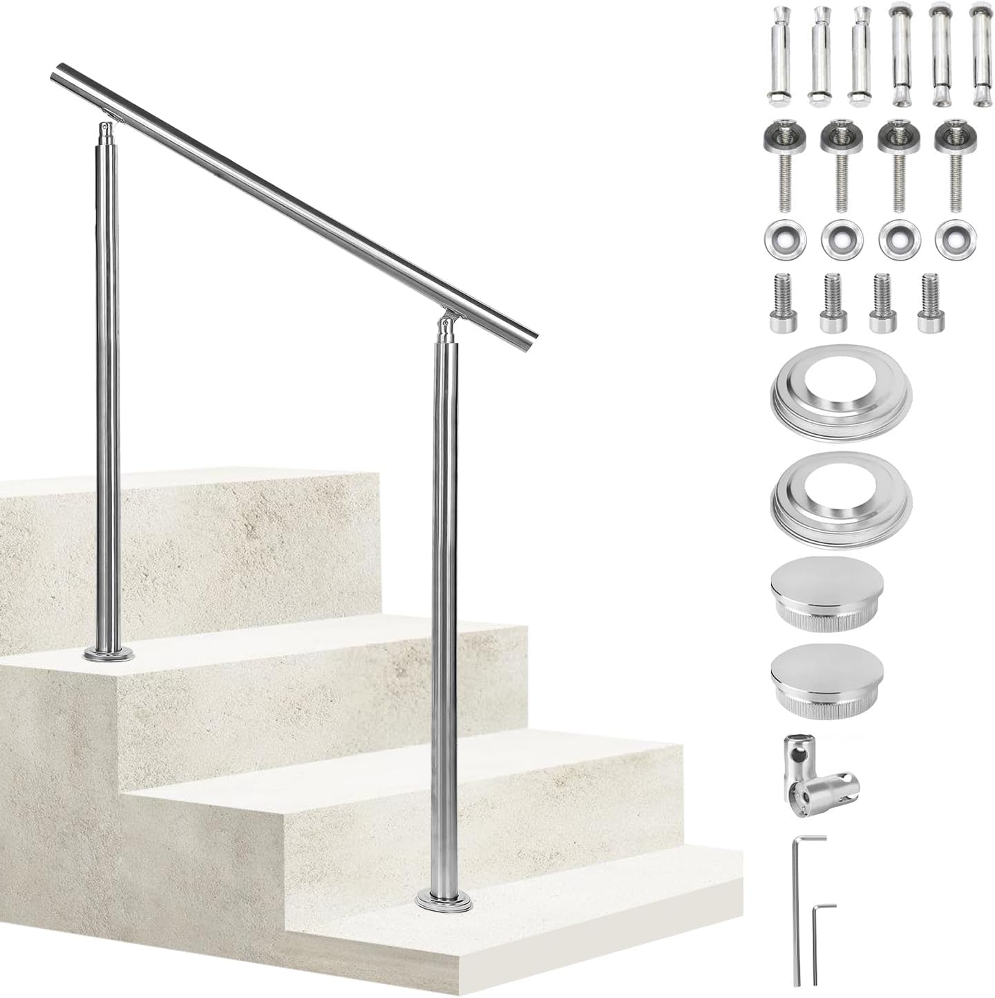 Handlauf Edelstahl 80/100/120/150/160/180 cm, Treppengeländer ohne Querstreben | Rostfrei, Wetterfest, Gebürstet, Winkelverstellbar für Innen & Außen und für Treppen, Balkon & Eingang