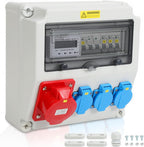 Stromverteiler 32A Industrie IP65 mit 3-Phasen Energiezähler 100A, 3x Schuko 16A, CEE 32A 5-polig, Wandverteiler mit Leitungsschutzschaltern für Baustelle