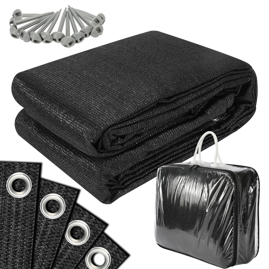 Zeltunterlage, Camping-Matte, 240 g/m² HDPE; die Zeltunterlage ist mit 12 Befestigungsösen, 13 Heringen und einer Aufbewahrungstasche ausgestattet, ist wasser- und luftdurchlässig sowie rutschfest, schwarz und in verschiedenen Größen erhältlich.