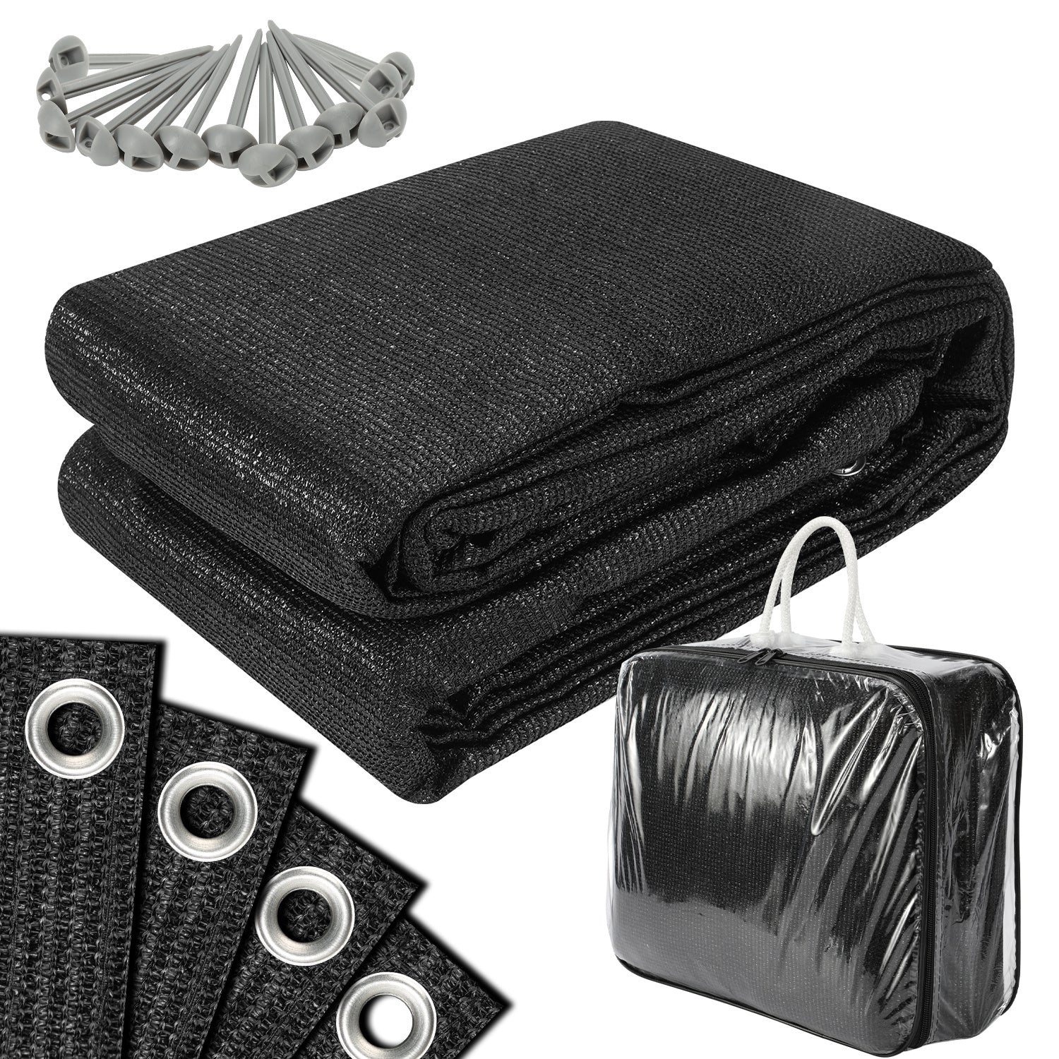Zeltunterlage, Camping-Matte, 240 g/m² HDPE; die Zeltunterlage ist mit 12 Befestigungsösen, 13 Heringen und einer Aufbewahrungstasche ausgestattet, ist wasser- und luftdurchlässig sowie rutschfest, schwarz und in verschiedenen Größen erhältlich.