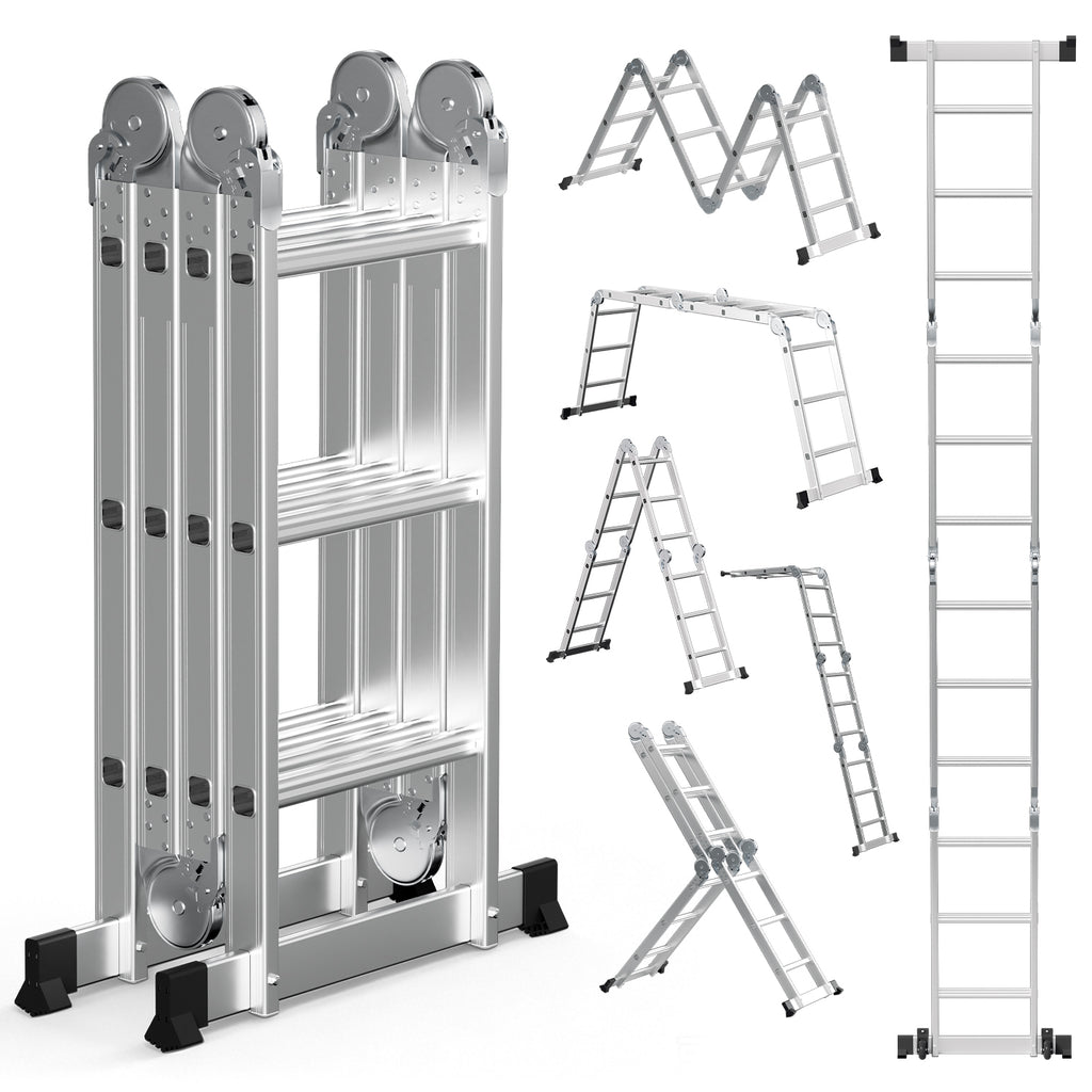 7-in-1-Multifunktionsleiter aus Aluminium, Tragkraft bis zu 150 kg, multifunktional, zusammenklappbar, einsetzbar als Anlehntreppe, Stehleiter und Treppenleiter, geeignet für Haushalt, Garten und Werkstatt, wahlweise mit 4x3, 4x4 oder 4x5 Sprossen.
