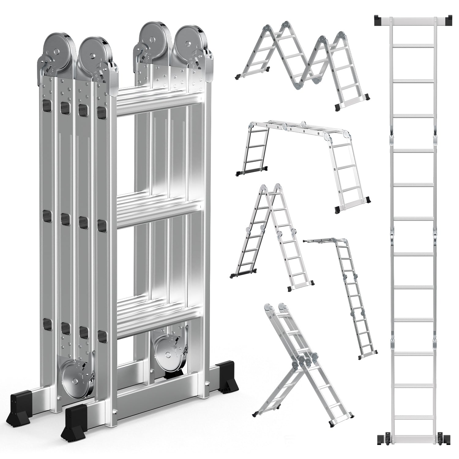 7-in-1-Multifunktionsleiter aus Aluminium, Tragkraft bis zu 150 kg, multifunktional, zusammenklappbar, einsetzbar als Anlehntreppe, Stehleiter und Treppenleiter, geeignet für Haushalt, Garten und Werkstatt, wahlweise mit 4x3, 4x4 oder 4x5 Sprossen.