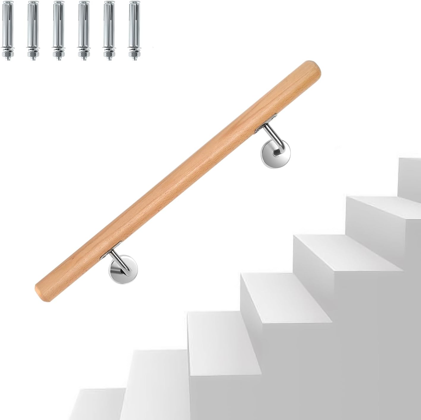Treppengeländer, Wandgeländer mit Wandbefestigungen und Endkappen, Durchmesser 42 mm, wandmontiertes Treppengeländer, rutschfestes Geländer für Treppen und Balkone, erhältlich in den Längen 50, 80, 100, 120, 150 und 200 cm.
