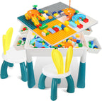 Kindertisch mit 2 Stühlen, 251 Bausteine, höhenverstellbar, 51x51cm doppelseitige Platte, Stauraum innen 10cm, 4 Boxen, rutschfeste Pads, Belastbarkeit 80kg, PP+ABS, Weiß/Blau, ab 2 Jahren