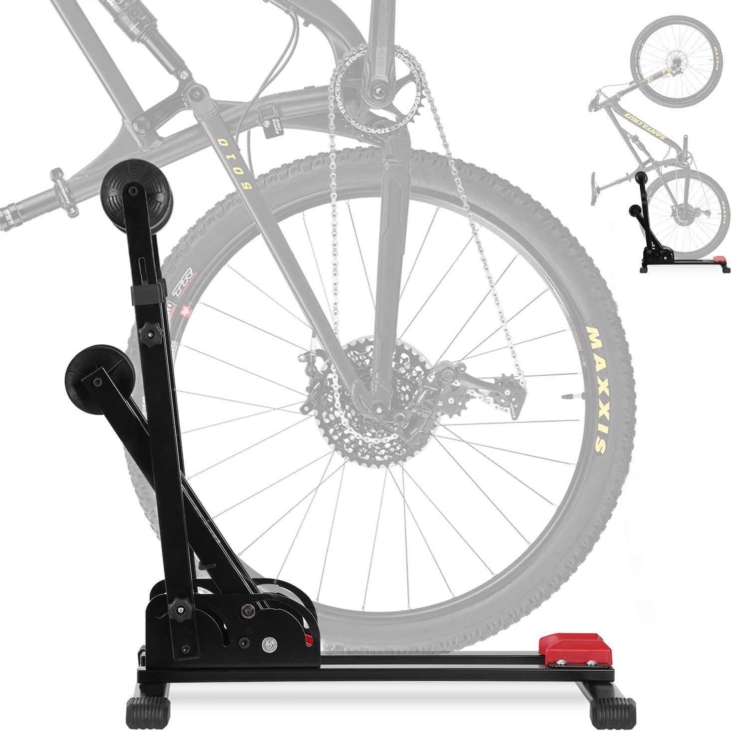 3-in-1-Klappfahrradständer, vertikale oder horizontale Aufstellung möglich, keine Bohrungen erforderlich, geeignet für 24–29 Zoll, robuste Konstruktion aus Kohlenstoffstahl, rutschfeste Unterlegmatten, geeignet für Garagen, Wohnungen und Keller