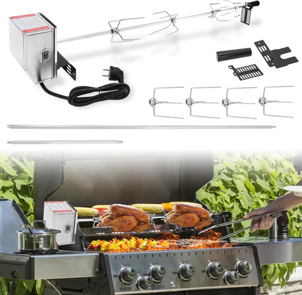 Grillspieß Set, Edelstahl Rotisserie mit 4X Fleischnadeln BBQ Fleischklammer, Griffstück, Motor Elektrischer Drehspieß, Automatischer Fleischwender für Grill, Ofen & Camping