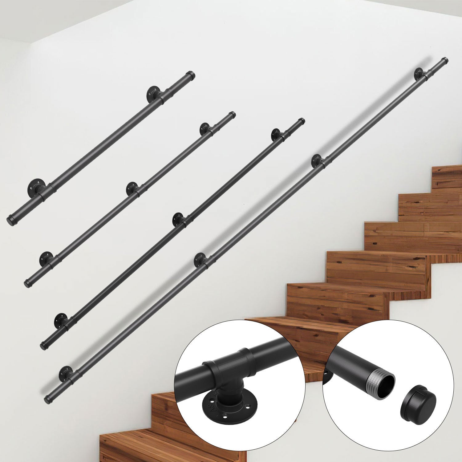 Treppengeländer, Geländer für Innen- und Außentreppen, schwarze Handläufe, wandmontierte Handläufe (inklusive Befestigungszubehör), wandmontierte Halterungen für Treppenhandläufe, geeignet für Treppen, Geländer und Balkone (100 cm/150 cm/200 cm/300 cm)