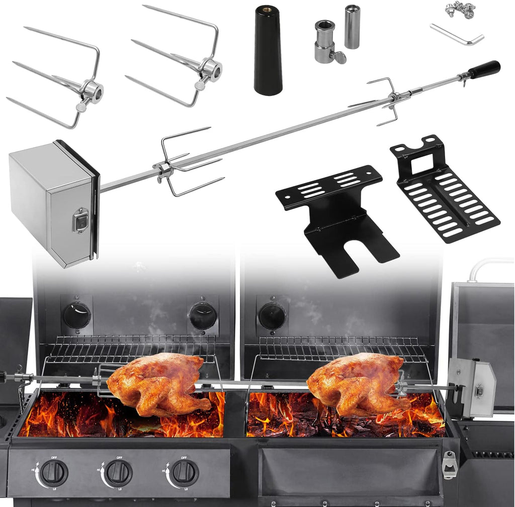 Grillspieß Set, Universal Rotisserie mit 2X Fleischnadeln BBQ Fleischklammer, Griffstück und Edelstahl Motor Elektrischer Drehspieß, Automatischer Fleischwender für Grill, Ofen & Camping